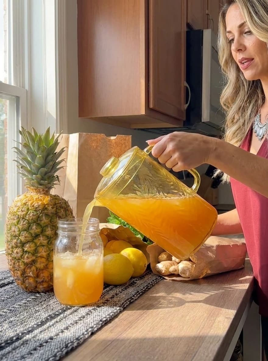 Her preparing a pineapple-based drink in her kitchen at home